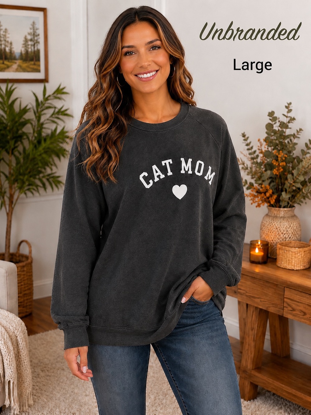 Unbranded Cat Mom Graphic Sweatshirt Large Charcoal Gray Pullover Cozy Casual